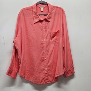 H&M Linen Blend Button Up Long Sleeve Shirt XXL Coral Pink Chest Pocket Classic